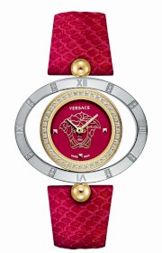 Versace Women's 91Q89FD800 S800 Eon Ellipse Rose Gold IP Case Reversible Bezel Red Enamel Dial Sapphire Crystal Red Leather Diamond Watch