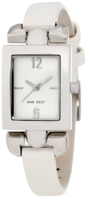  Nine West Women's NW/1283SVWT Strap Square Silver-Tone White Strap Watch