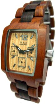 Tense Wood Watch Mens 2-Tone Dark Light Sandalwood 3 Dial J8302Sd