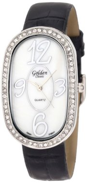 Golden Classic Women's 2184 blk "Designer Color" Rhinestone Encrusted Bezel Mother-Of-Pearl Dial Colored Leather Band Watch