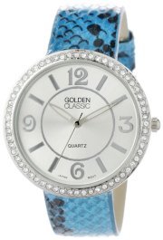 Golden Classic Women's 2266-Blue "Second Skin" Rhinestone Silver Bezel Alligator Inspired Band Watch