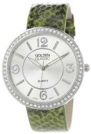 Golden Classic Women's 2266-Green "Second Skin" Rhinestone Silver Bezel Alligator Inspired Band Watch