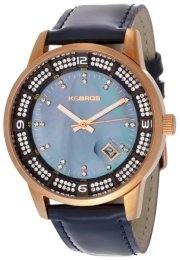 K&Bros  Women's 9145-3 Steel Moon Rose Gold-plated Shiny Leather Strap Watch