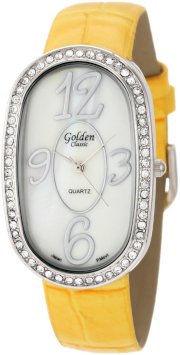 Golden Classic Women's 2184 yellow "Designer Color" Rhinestone Encrusted Bezel Mother-Of-Pearl Dial Colored Leather Band Watch