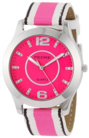 Pedre Women's 0090SPX Pink/ White/ Black Grosgrain Strap Silver-Tone Watch