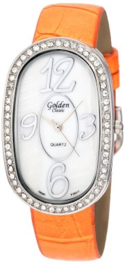 Golden Classic Women's 2184 orange "Designer Color" Rhinestone Encrusted Bezel Mother-Of-Pearl Dial Colored Leather Band Watch