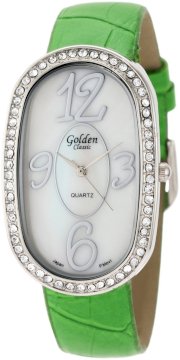 Golden Classic Women's 2184-green "Designer Color" Rhinestone Encrusted Bezel Mother-Of-Pearl Dial Colored Leather Band Watch