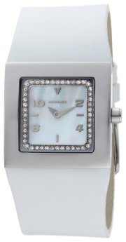 K&Bros Women's 9153-2 Steel Squared Stainless Steel White Leather Watch
