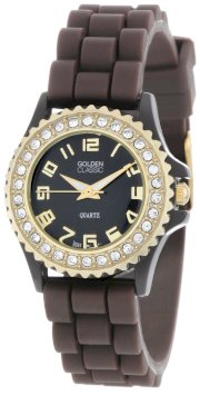 Golden Classic Women's 2218-goldbrown "Chic Jelly" Rhinestone Petite Brown Silicone Watch