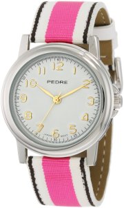 Pedre Women's 0231SX Silver-Tone/ Pink-White-Black Stripe Grosgrain Strap Watch