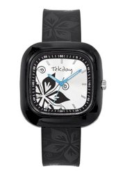 Tekday Kids Square Silver Dial Black Plastic Strap Flowers Watch