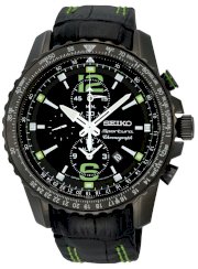 New Seiko Mens Black Ion Plated Leather Sportura Chronograph SNAE97 Watch