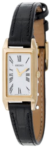 Seiko Women's SUJF80 Dress Baguette Gold-Tone Black Leather Strap Watch