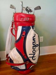 Vintage Red White Blue HOGAN Leather Golf Cart Bag with clubs- VERY NICE