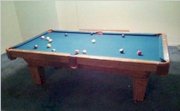 Brunswick Contender 8" Pool Table. 1" Slate, Tahoe Frisian Oak, Blue Felt