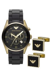 Đồng hồ Emporio Armani Watch and Cufflink Set, Men's Chronograph Black Silicone Wrapped Rose Gold Ion Plated Stainless Steel Bracelet 43mm AR8023 