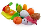 Cutting Vegetables, Fish & Chicken Play Food Playset for Kids with Cutting Board Set
