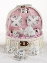  Porcelain Dollie Tea Set for Two/ Basket, Pink Butterfly