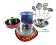 Colorful Metal Pots and Pans Kitchen Cookware Playset for Kids with Cooking Utensils Set