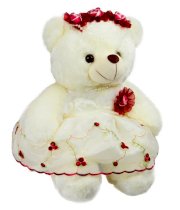 Dhoom Soft Toys Teddy Bear Designer Dress White With Maroon Flower- 15inches