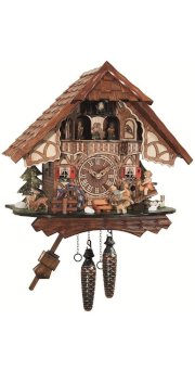 Quartz Cuckoo Clock Black forest house, turning mill-wheel, moving seesaw