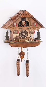 Quartz Cuckoo Clock Black Forest house with moving wood chopper and mill wheel, with music, incl. batteries