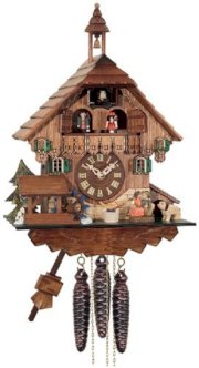  River City Clocks One Day Musical Cuckoo Clock Cottage, Boy and Girl Kiss with Waterwheel Turns