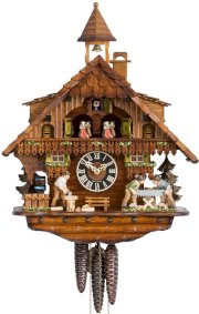 One Day Musical Cuckoo Clock with Men Sawing Wood, Waterwheel, and Dancers