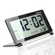 Multifunction Silent LCD Digital Large Screen Travel Desk Electronic Alarm Clock, Date/Time/Calendar/Temperature Display, Snooze, Folding (Black+Silver)