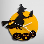 Silhouette Halloween Witch And Pumpkins Black And Yellow Wall Clock SI871DE06BRPINDFUR