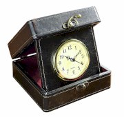 Creative Co-op Faux Leather Box with Classic Travel Clock Style, 6-1/2-Inch