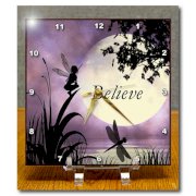 3dRose dc_35696_1 Believe Fairy with Dragonflies with Moon and Purple Sky Desk Clock, 6 by 6-Inch