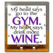 3dRose dc_173359_1 My Head Says Go to The Gym My Heart Says Drink More Wine. Purple. Desk Clock, 6 by 6-Inch 