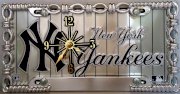 1 Yankee, Clock, on a, " ,New York Yankees on, Pin Stripes, ", Metal Sign, in a, Metal, Chrome, Link, Frame,,3A5.11&4B4.4