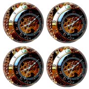 Steampunk Clock Work Pocket Watch Round Coaster (4 Piece) Set Fabric Rubber 5 Inch Size MSD Coaster Cup Mug Can Water Bottle Drink Coasters Stain Resistance Collector Kit Kitchen Table Top Desk
