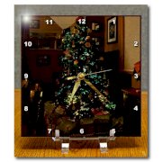 3dRose dc_52625_1 An Illuminated Christmas Tree with Fiber Optic Tips and Presents All Around at Night Desk Clock, 6 by 6-Inch