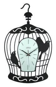 Large Black Wrought Iron Clock.Birds in Cage.Frosted Glass Face. Stunning!