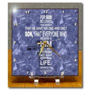 3dRose dc_29088_1 John 3 16 Bible Verse in The Form of A Cross Reflected on Blue Grey Granite Print-Desk Clock, 6 by 6-Inch
