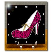 3dRose dc_57138_1 I Love Shoes Pink Cheetah High Heel Shoe on Black Desk Clock, 6 by 6-Inch