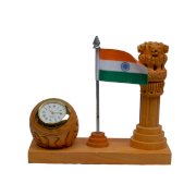 Wooden Table Clock With Ashoka Pillar And National Flag