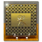 3dRose dc_36081_1 Elegant Letter C Embossed in Gold Frame Over A Black Fleur-De-Lis Pattern on A Gold Background-Desk Clock, 6 by 6-Inch