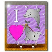 3dRose dc_24729_1 I Love Dolphins Purple-Desk Clock, 6 by 6-Inch