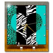 3dRose dc_35445_1 Aqua Blue Black and White Animal Print Leopard and Zebra Heart Desk Clock, 6 by 6-Inch