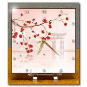 DC_116168_1 Dooni Designs Oriental Inspired Designs - Beautiful Japanese Sakura Red Cherry Blossoms Branching Reflecting Over Water Oriental Vector Design - Desk Clocks - 6x6 Desk Clock