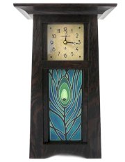 Tall Craftsman Mantel/Shelf Clock With Peacock Feather Tile, Oak Wood with Slate Finish, 15"