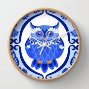 Đồng hồ treo tường Society6 Delft Blue and White Owls and Flowers