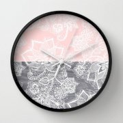 Đồng hồ treo tường Society6 Elegant floral lace gray wood pastel pink block