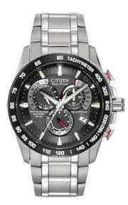 CITIZEN Eco Drive Black Dial Chronograph Stainless Steel Mens Watch 42mm Eco-Drive E650