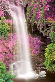 Tranh thác nước chảy bên cây hoa tím