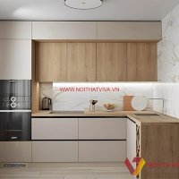 Nhà Bếp Chữ L Gỗ Mdf Phủ Melamine Màu Trắng Phối Vân Gỗ Cao Cấp